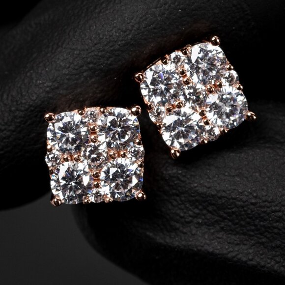 Rose Gold Plated Sterling Silver Square Flower Cluster Stud Screw Back Earrings - Picture 1 of 6
